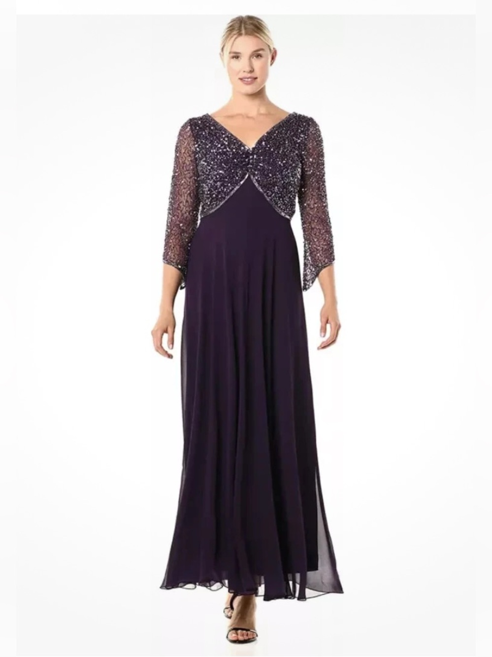 J Kara Women's Plus Size 3/4 Sleeve V-Neck Beaded Top Long Gown, 20W purple